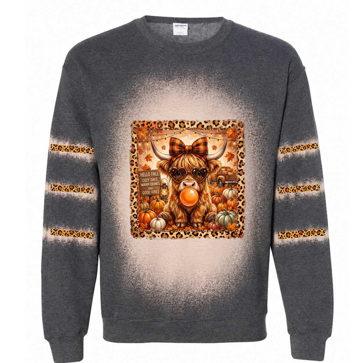 highland cow bleached w/ sleeves gildan dk heather