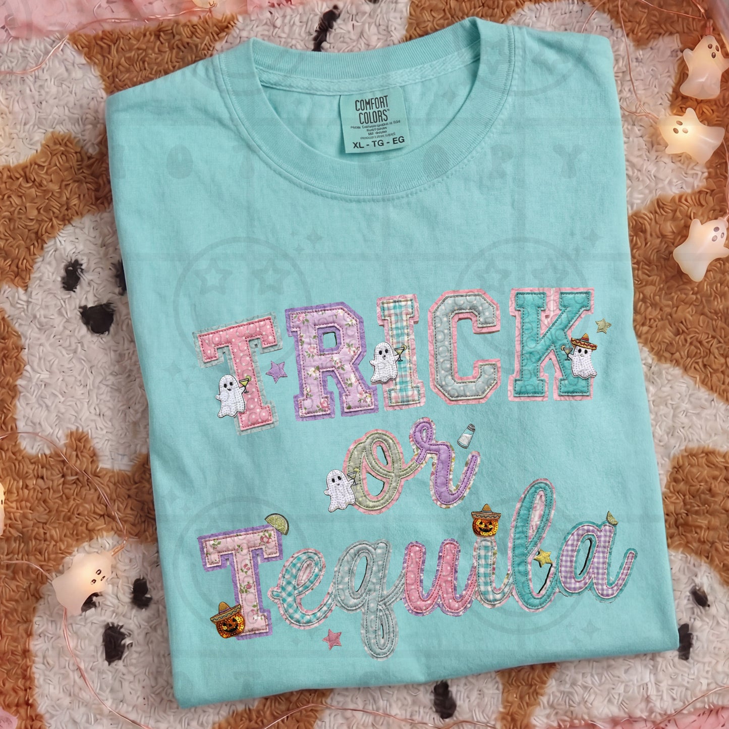 Faux Embroidery And Sequin Trick Or Tequila Graphic Tee