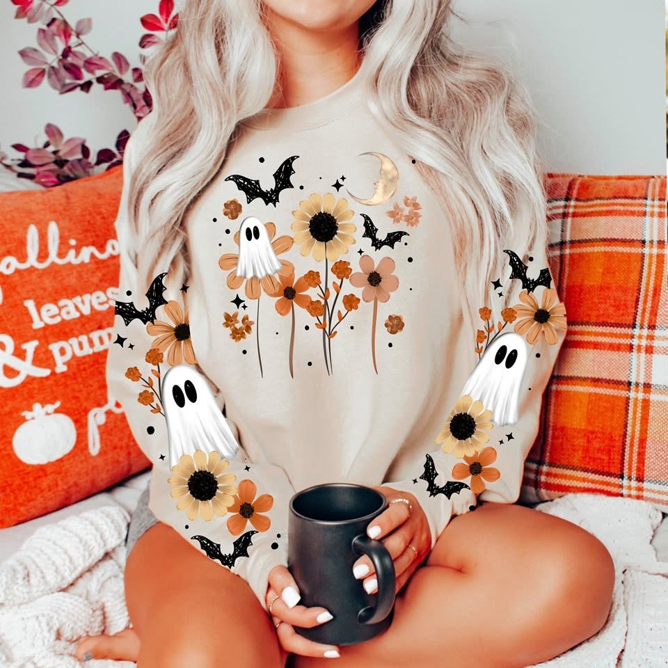 Spooky Floral Ghosts & Bats Halloween Graphic Sweatshirt 🎃👻🌻