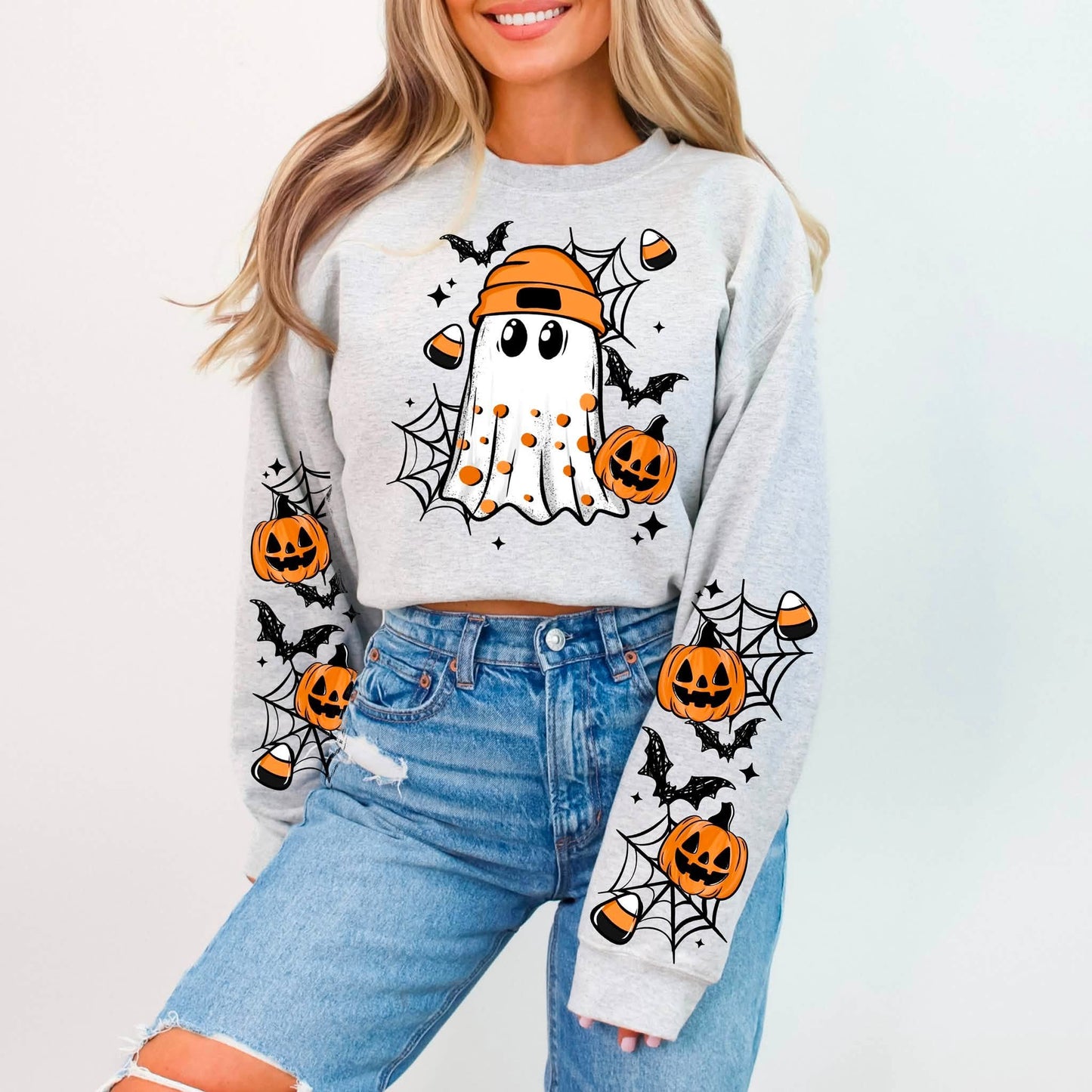 Cute Ghost & Pumpkin Halloween Graphic Sweatshirt 🎃👻🕷️