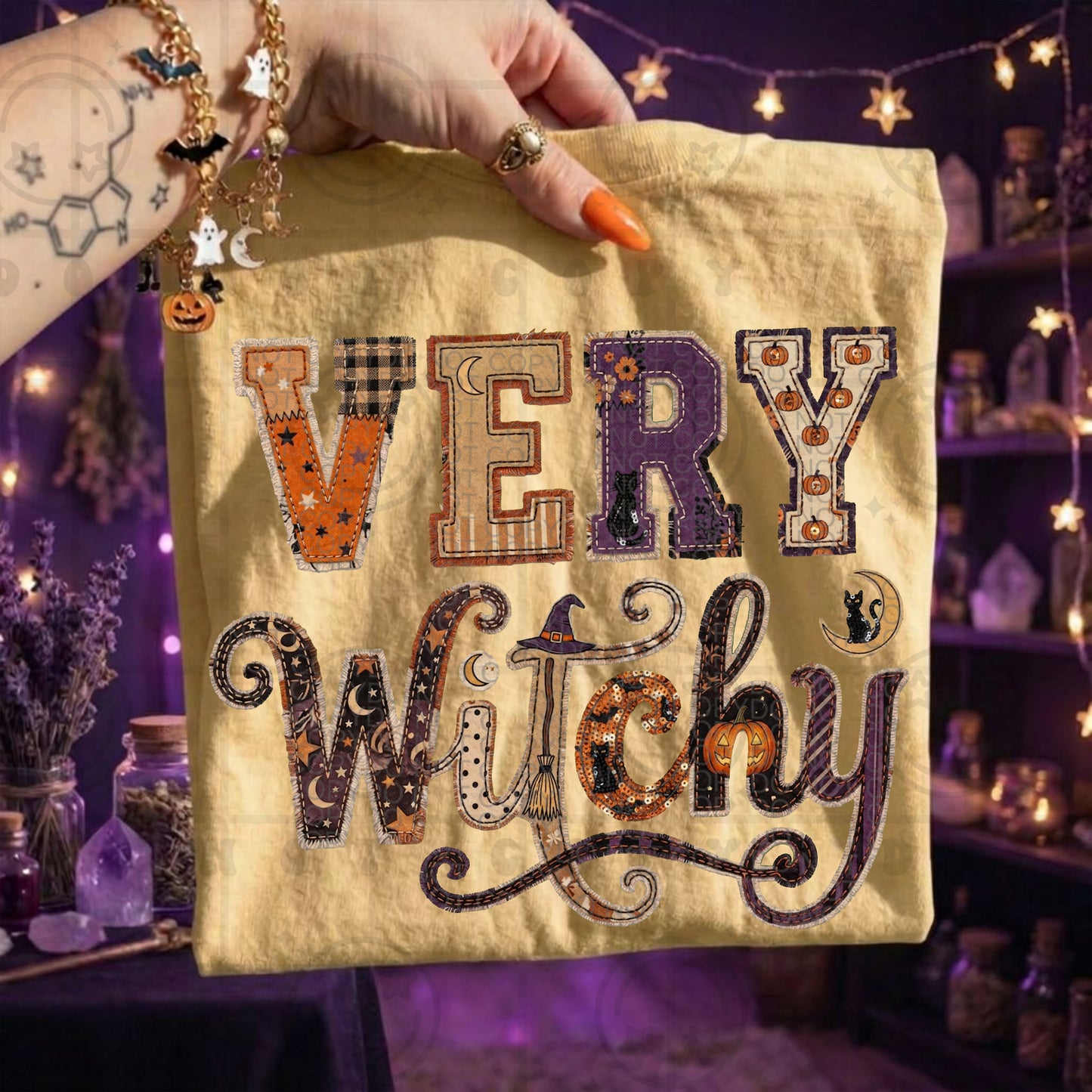 Faux Patchwork, Sequins, Very Witchy Graphic Tee