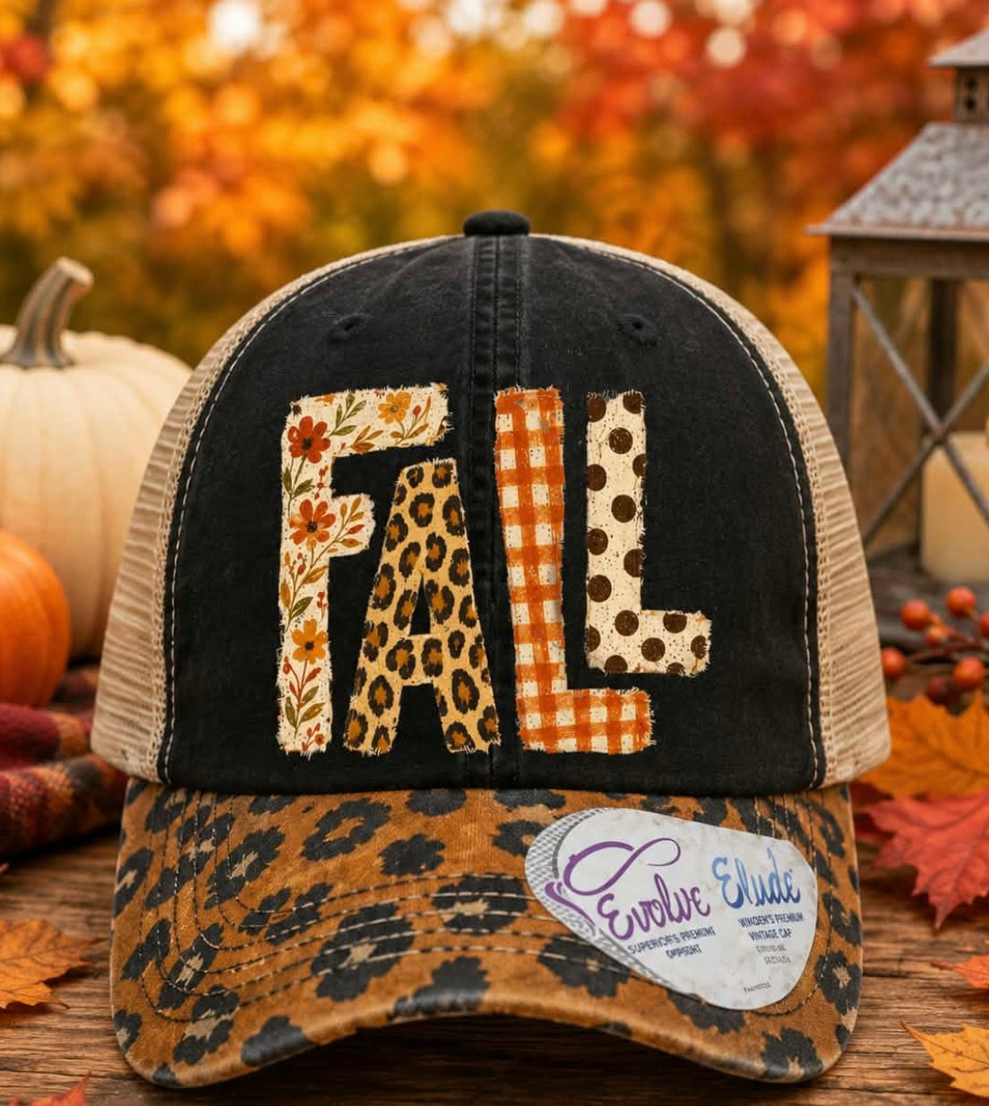 Fall Patchwork Leopard Trucker Hat β Distressed Autumn Cap