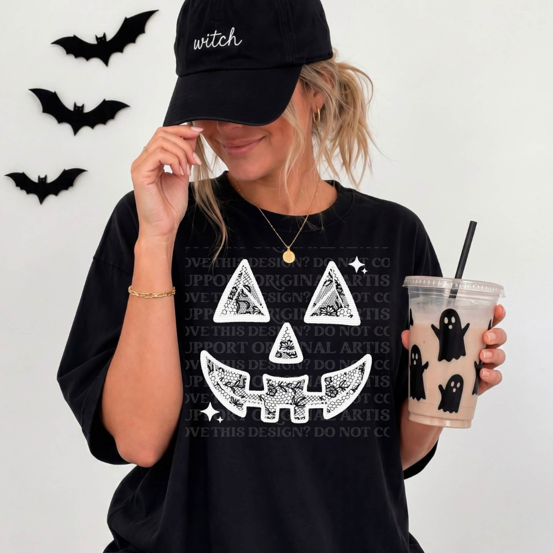 Faux Lace Jack-O-Lantern Face In White Graphic Tee
