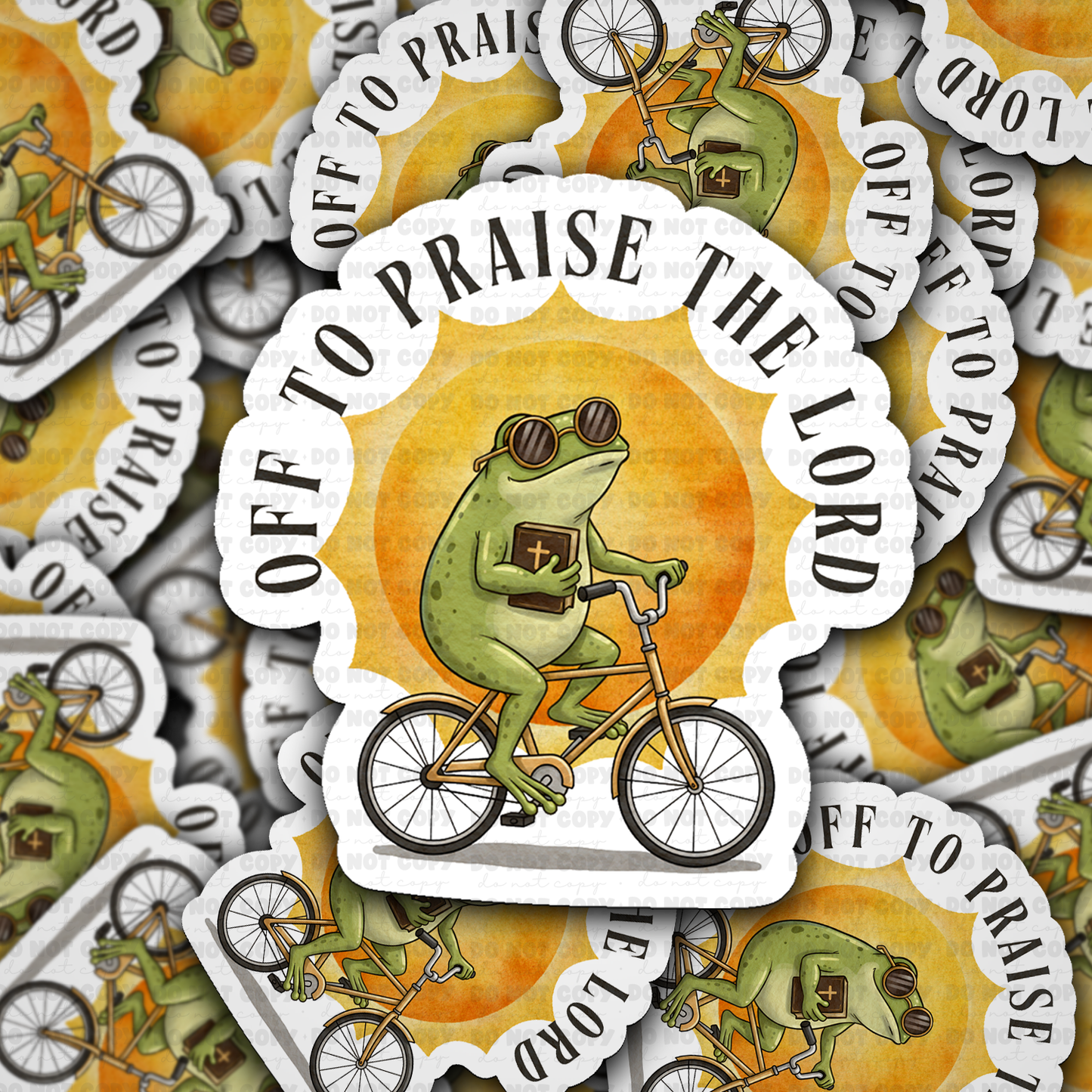 Off to Praise the Lord Frog on Bike Sticker