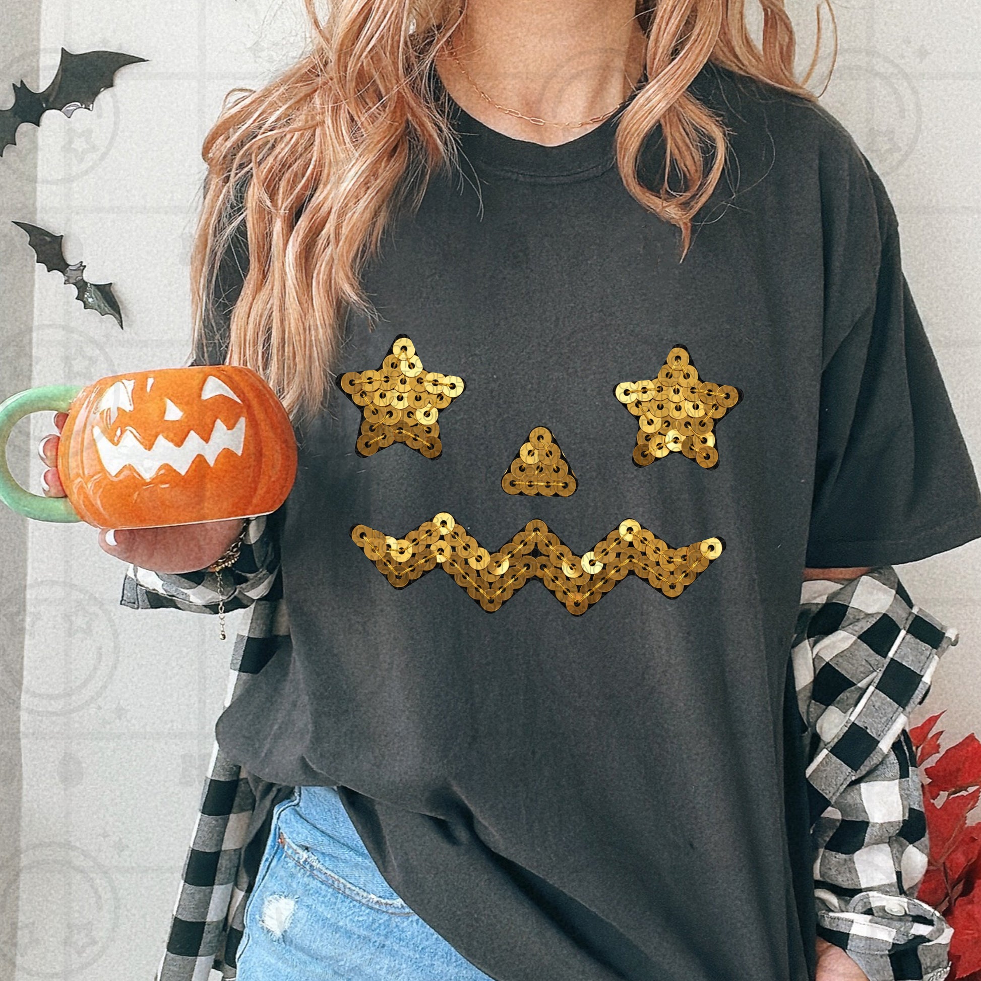 Faux Sequin Star Eye’d Jack-o-Lantern Graphic Tee