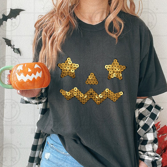 Faux Sequin Star Eye’d Jack-o-Lantern Graphic Tee