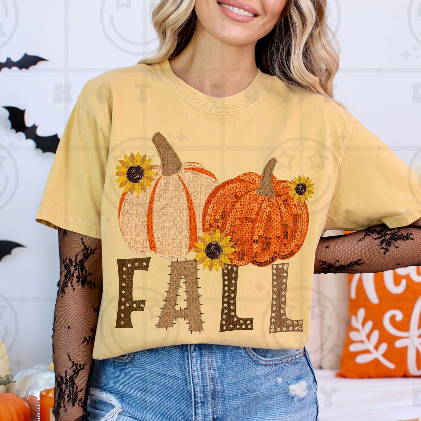 Faux Sequin Fall Sun Flowers and Pumpkins Graphic Tee