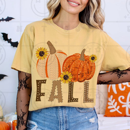 Faux Sequin Fall Sun Flowers and Pumpkins Graphic Tee