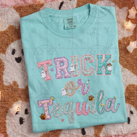 Faux Embroidery And Sequin Trick Or Tequila Graphic Tee