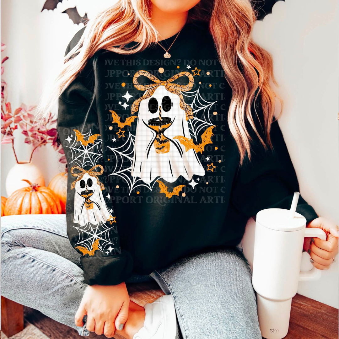 Cute Ghost With Coffee, Bow, And White Web Graphic Sweatshirt