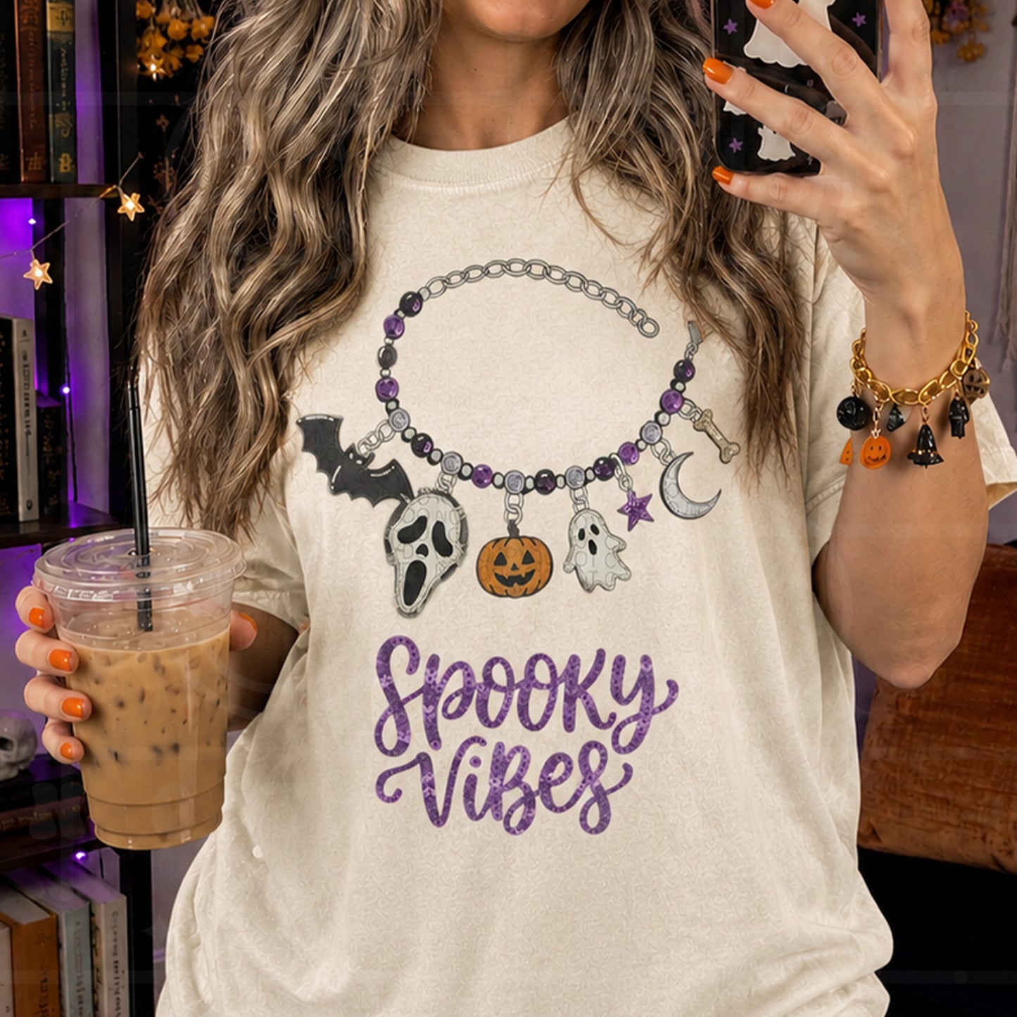 Faux Sequins Spooky Vibes Friendship Bracelet Graphic Tee