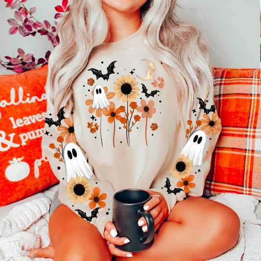 Spooky Floral Ghosts & Bats Halloween Graphic Sweatshirt 🎃👻🌻