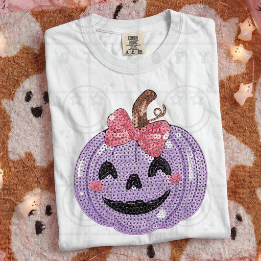 Faux Sequin Purple And Pink Jack-O-Lantern Graphic Tee