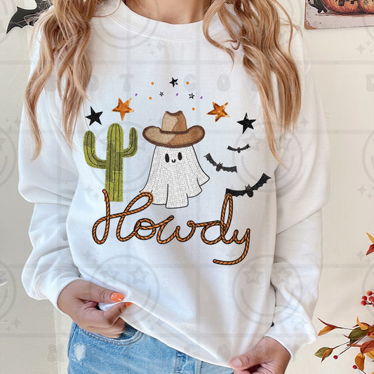 Faux Sequin And Embroidery Spooky Howdy Graphic Sweatshirt