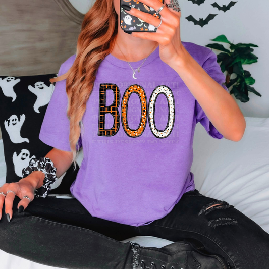 Boo Spooky Season Pattern Letters Graphic Tee