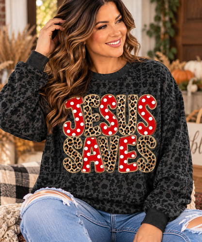 Jesus Saves Leopard Print Tee, Long Sleeve & Sweatshirt