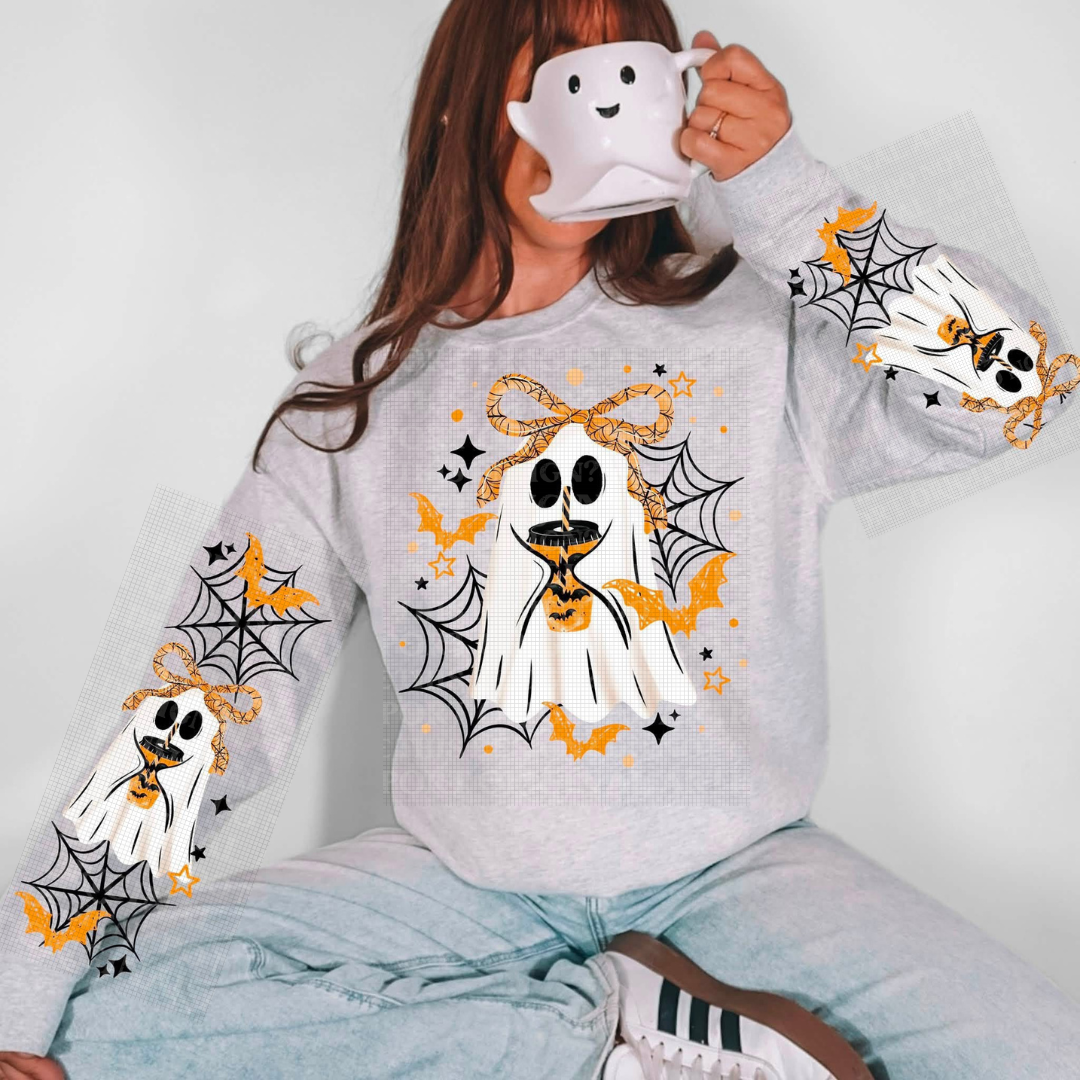Cute Ghost With Coffee, Bow, And Black Web Graphic Sweatshirt