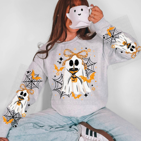 Cute Ghost With Coffee, Bow, And Black Web Graphic Sweatshirt
