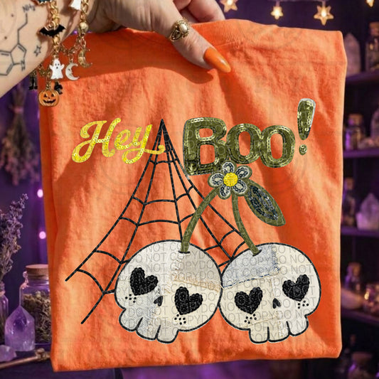 Faux Patchwork and Sequin Hey Boo! Skull Cherries Graphic Tee