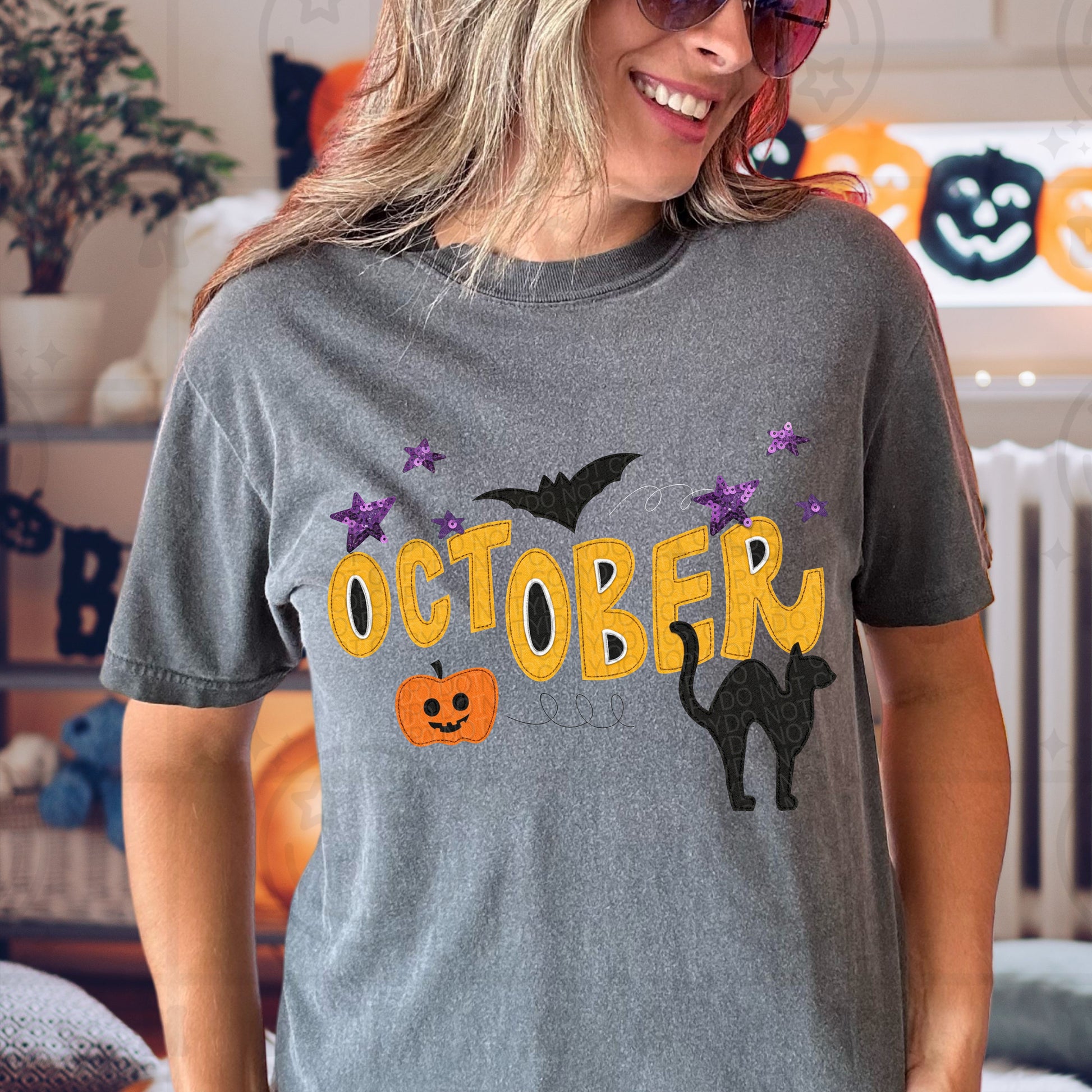 Faux Embroidery And Sequin October Halloween Graphic Tee