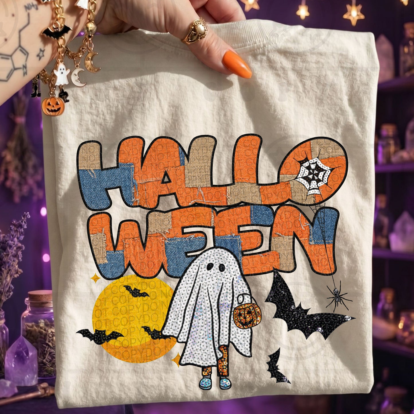 Faux Mixed Patches Halloween Graphic Tee