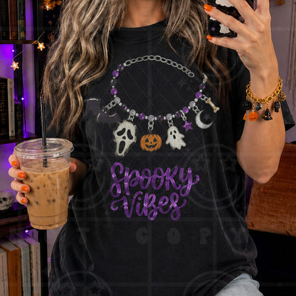 Faux Sequins Spooky Vibes Friendship Bracelet Graphic Tee