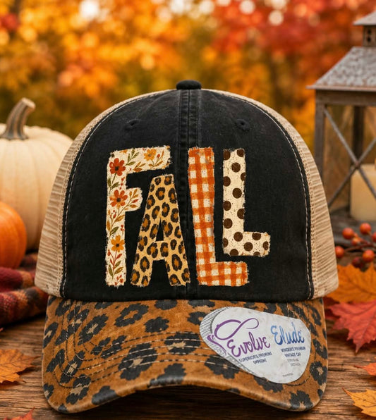 Fall Patchwork Leopard Trucker Hat – Distressed Autumn Cap