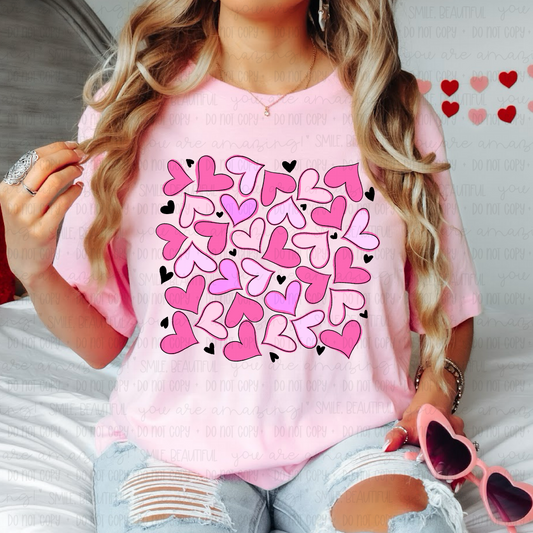 Pink Heart Collage Graphic Tee – Valentine’s Day Shirt for Women