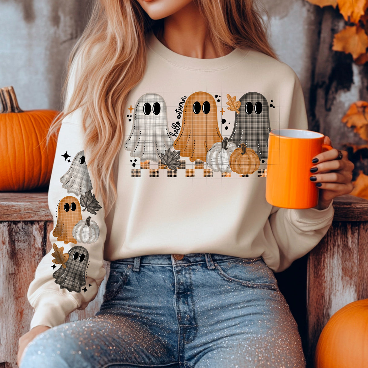 pumpkin sleeve sand hanes crewneck