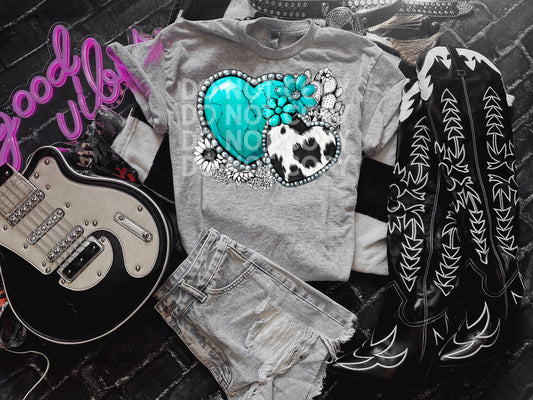 Turquoise Heart Cowhide Western Graphic T-Shirt