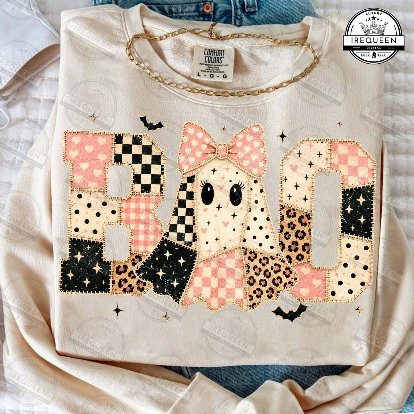 Boo Patchwork Ghost Halloween Crewneck Sweatshirt 👻🩷🖤