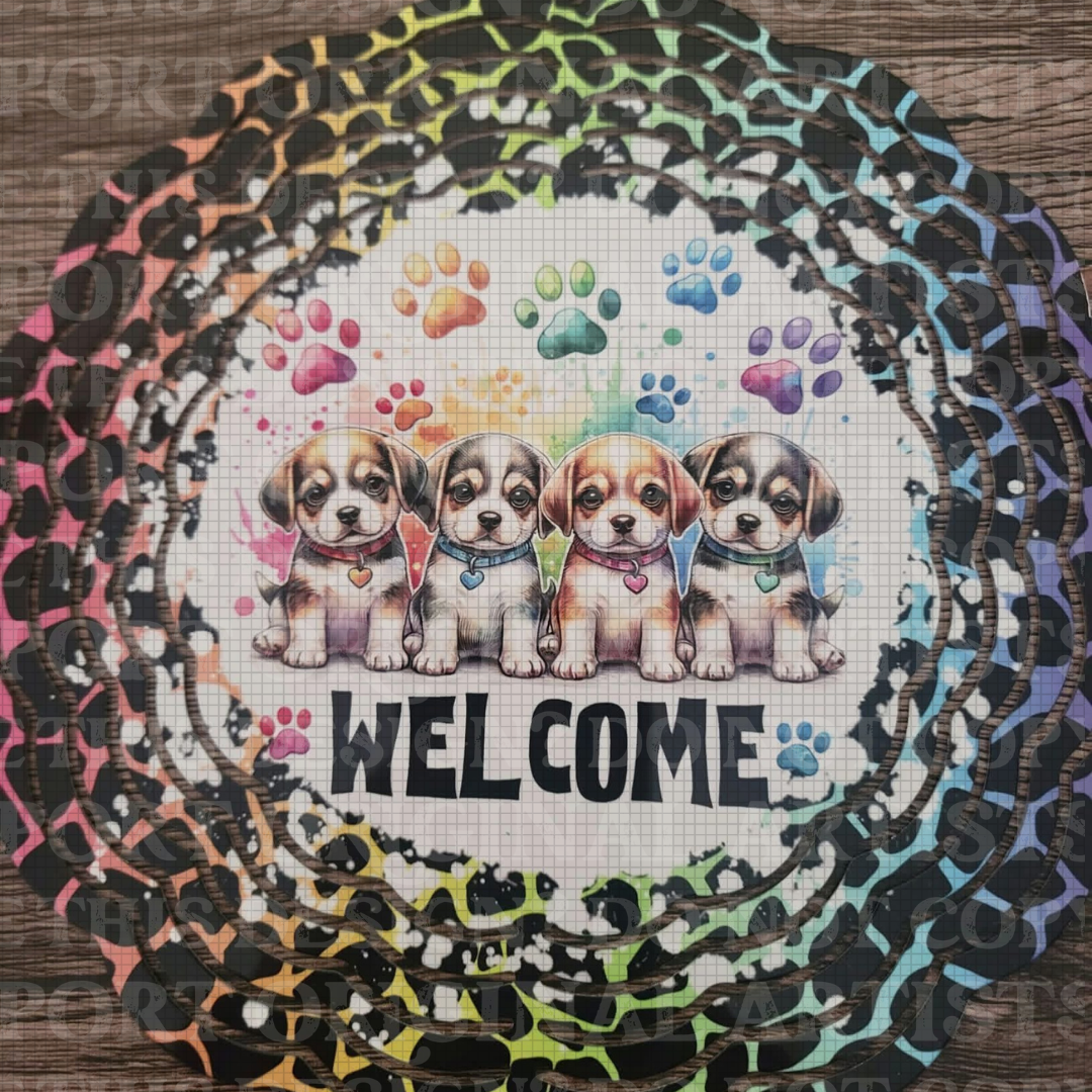 Rainbow Spots And Puppy Paws Welcome 8 Inch Sublimated Wind Spinner