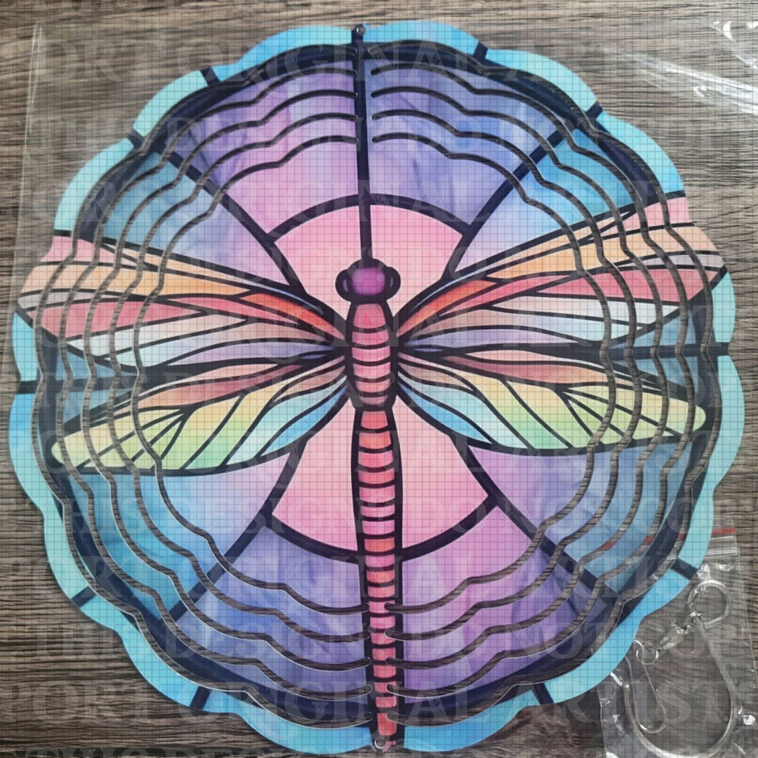 Faux Stained Glass Window Dragonfly 8 Inch Sublimated Wind Spinner