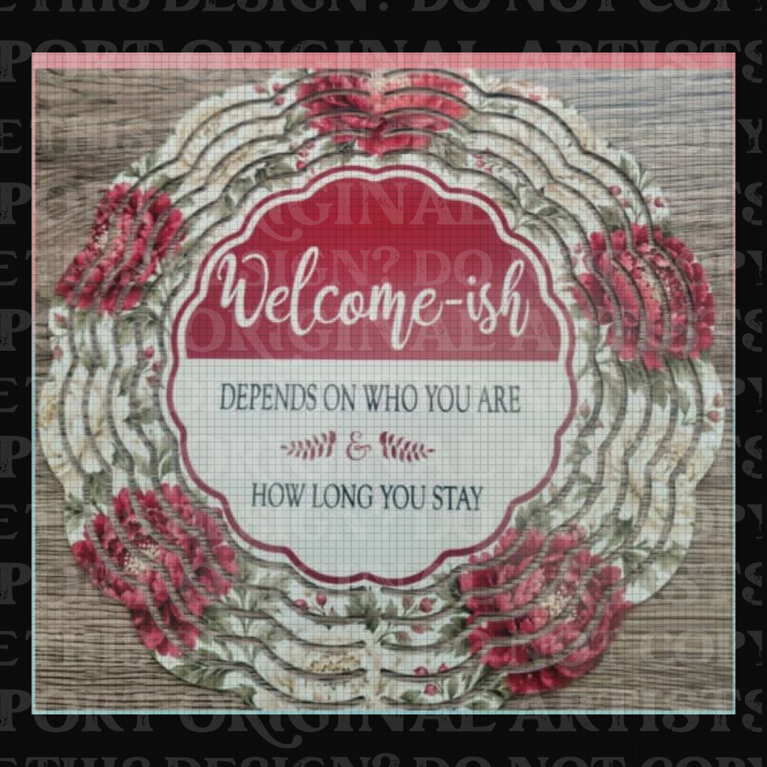 Welcom-ish Depends on Who You Are & How Long You Stay Red 8 Inch Sublimated Wind Spinner